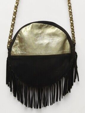 Meli Melo Brown Suede Metallic Gold Leather Fringe Crossbody Festival Statement